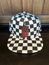 Load image into Gallery viewer, Indy Kids hat--black and white checkered with leather patch of Indiana on front. Flat bill. Fits most kids 18 months-6 years. 

