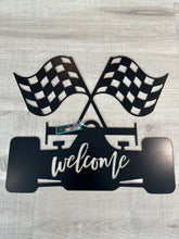 Load image into Gallery viewer, Welcome Race Fans Sign | Metal Race Car &amp; Flags
