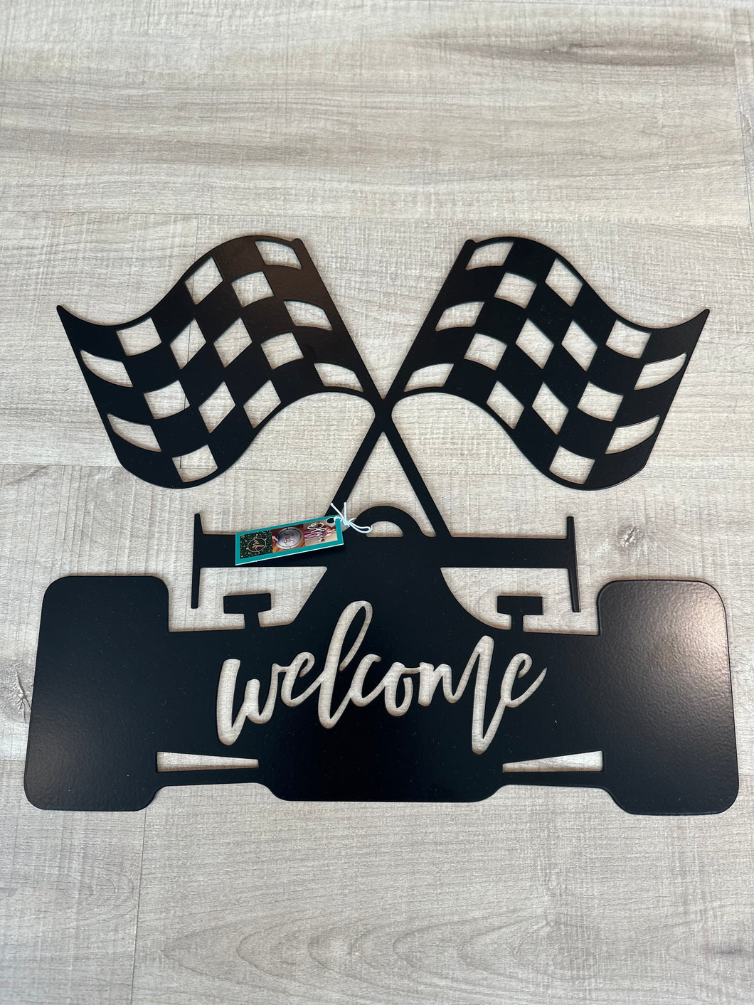 Welcome Race Fans Sign | Metal Race Car & Flags