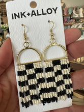 Load image into Gallery viewer, Checkered beaded fringe earrings by Ink &amp; Alloy.  Gold hardware. 
