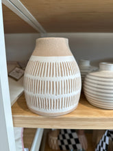 Load image into Gallery viewer, Tan stoneware vase with white. 
