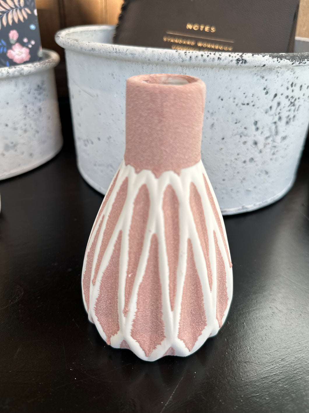 Stoneware vase in pink with white.  