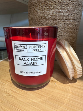 Back Home Again soy candle in a 10 oz. red tumbler. 