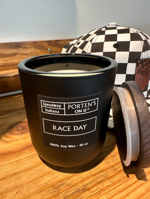 Race Day soy candle in 10 oz. black tumbler. 