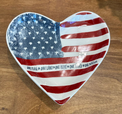 Heart shaped ceramic plate with American flag painted on and 