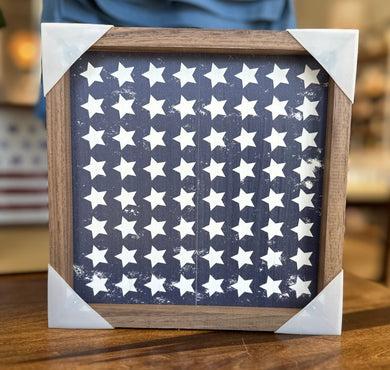 8x8 wooden sign to celebrate American.  Navy blue with white stars. 