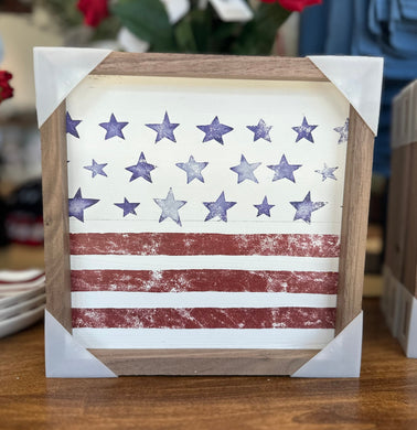 Wooden patriotic sign with stars and stripes.  8x8