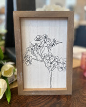 Load image into Gallery viewer, Wooden sign with white wash and black ink plumeria painted on.  
