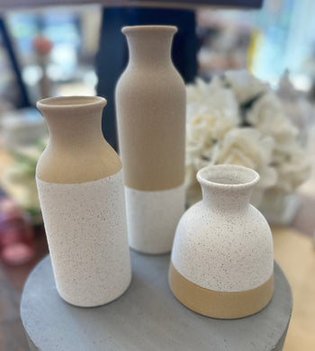 Modern Farmhouse Vase shown in all 3 sizes.  White with speckles and tan.  