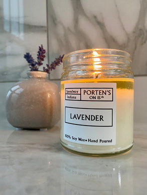 Lavender scented candle in a clear, 7.5 oz jar. 