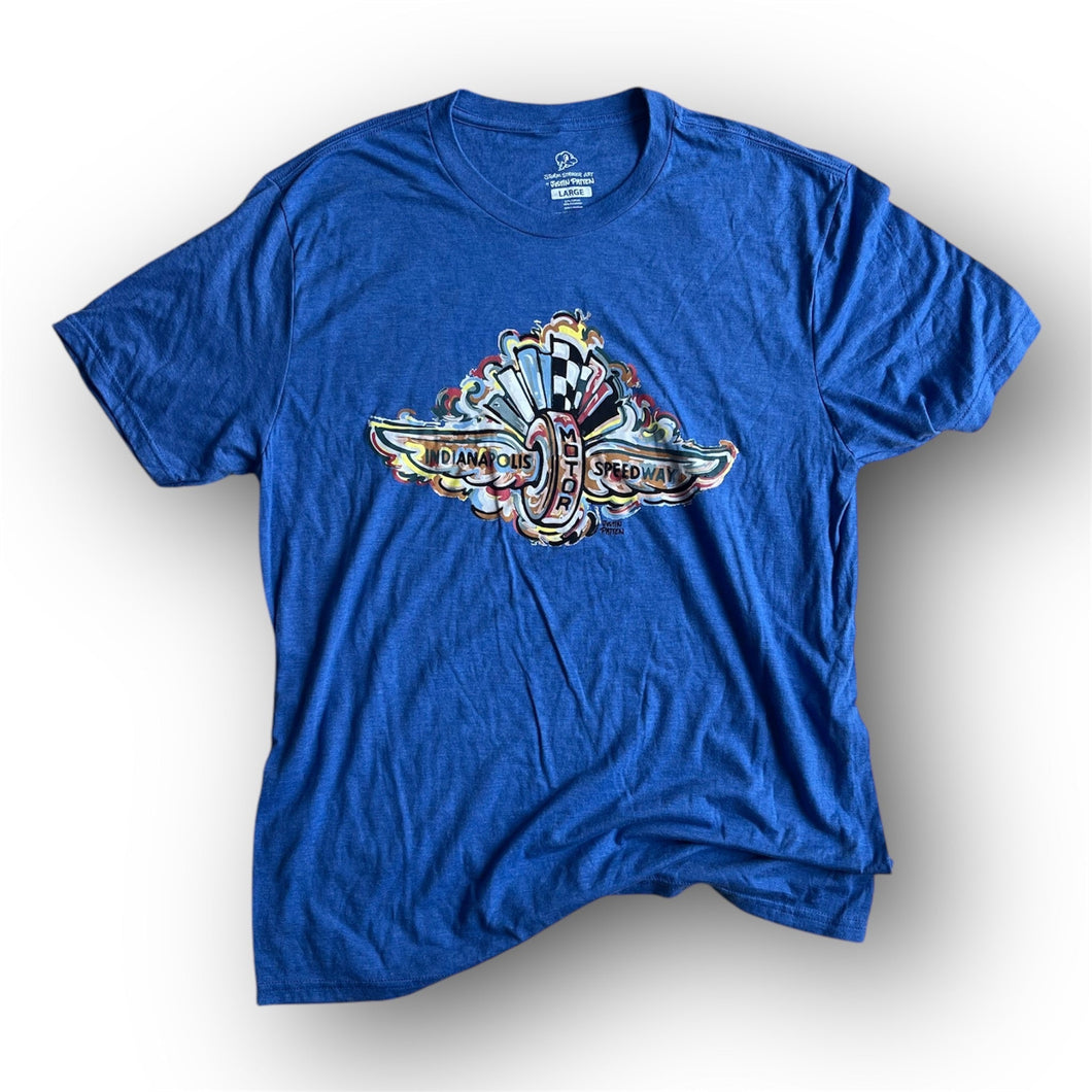Indianapolis Motor Speedway Wing and Wheel Tee by Justin Patten (True Royal Heather)