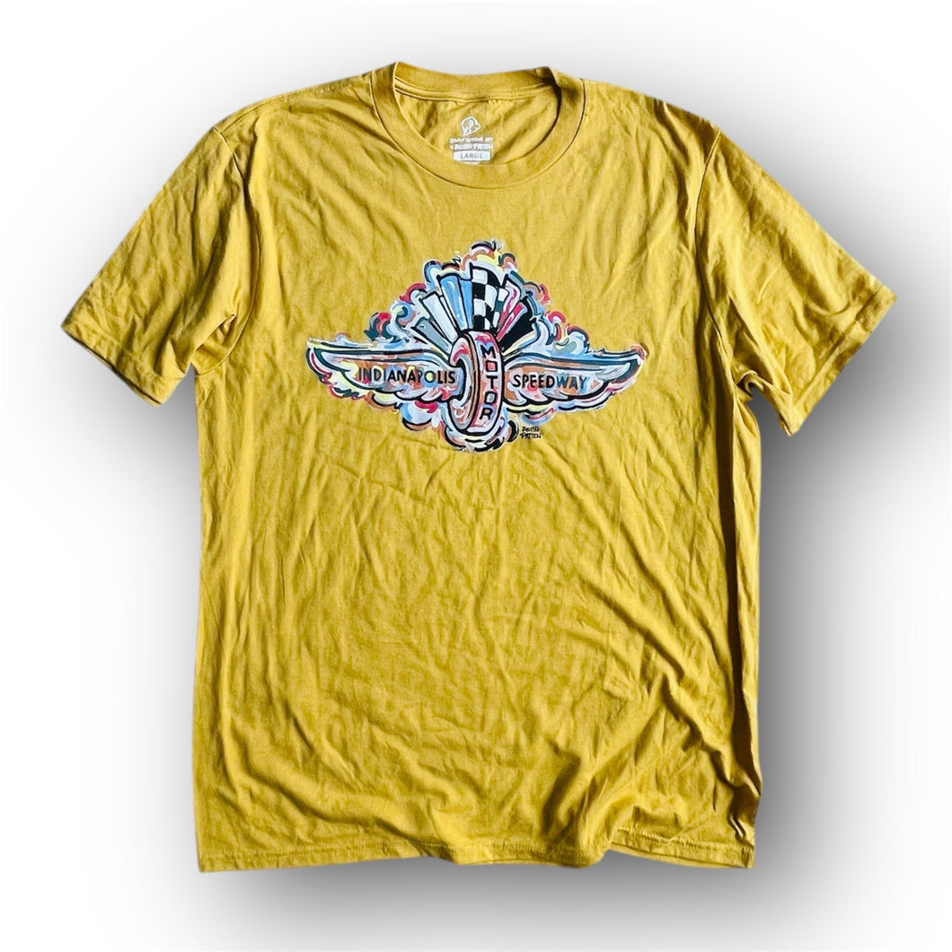 Indianapolis Motor Speedway Wing and Wheel Tee by Justin Patten (Golden Yellow Heather)