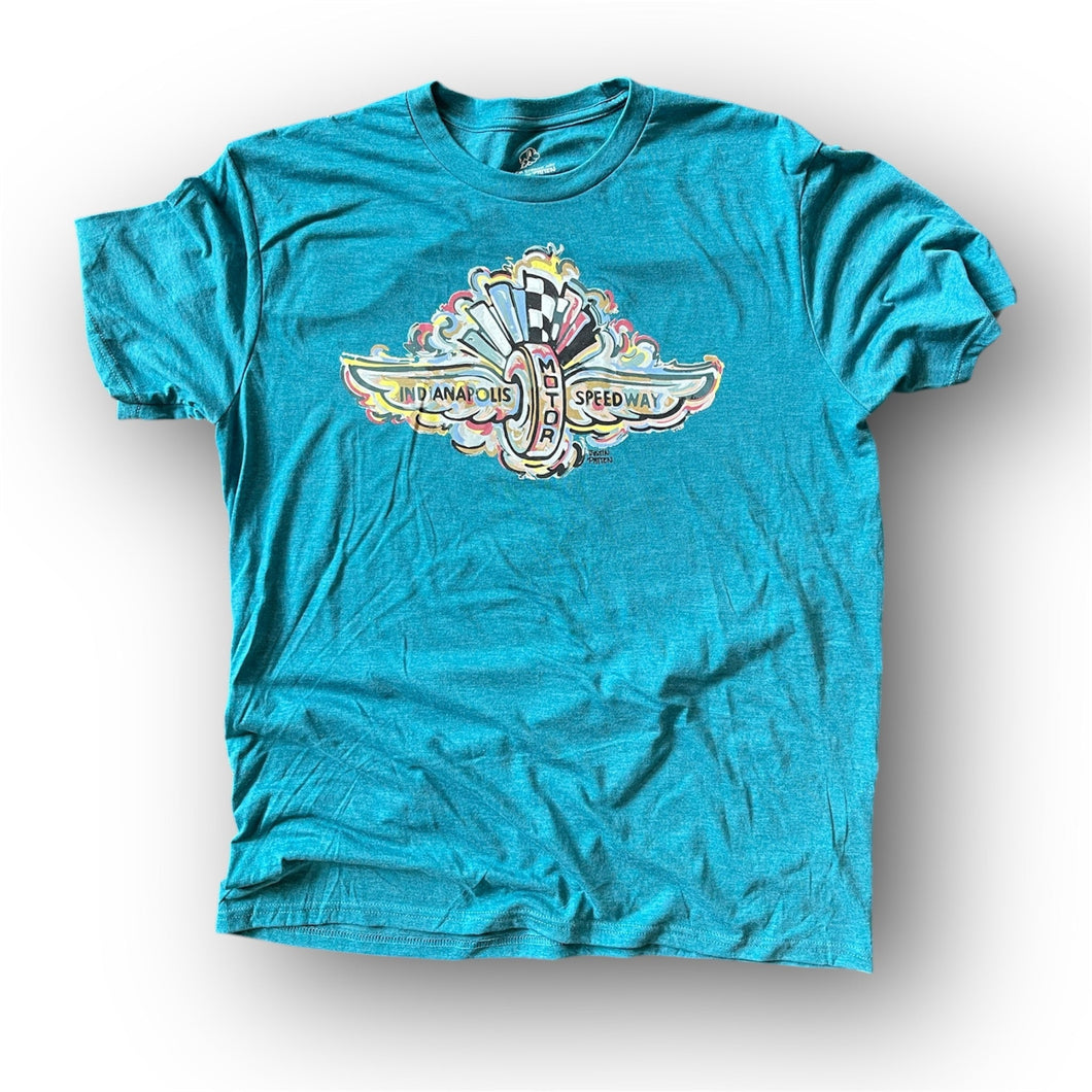 Indianapolis Motor Speedway Wing and Wheel Tee by Justin Patten (Deep Teal Heather)