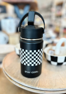 Black and white checkered insulated 12 oz cup.  Mostly black with checkered center that wraps around.  Built in straw that pops up.  Fits most cupholders. 
