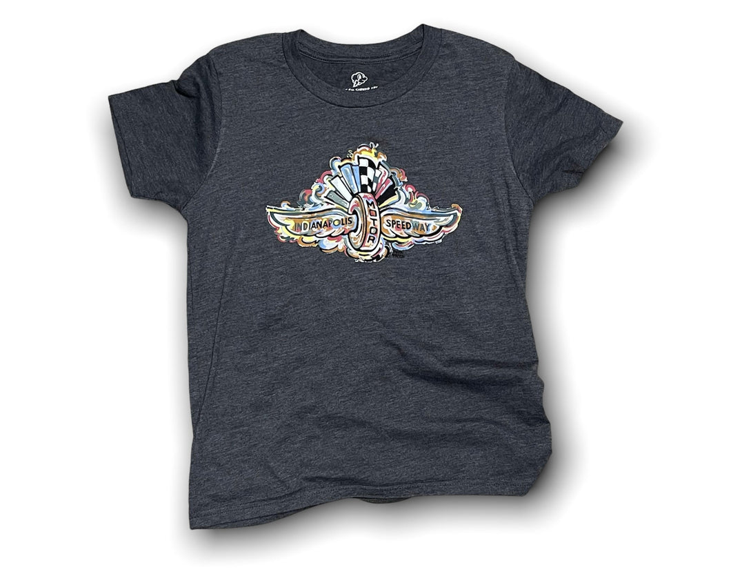 Indianapolis Motor Speedway Wing and Wheel Youth Tee by Justin Patten (Charcoal Heather)