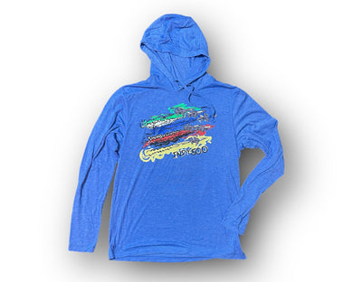 Indy 500 long sleeved hooded tee in sky blue.  Tee has the flyover planes and race flag colors with Indy 500 underneath.  By Justin Patten. 