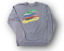 Load image into Gallery viewer, Indy 500 crewneck sweatshirt by Justin Patten.  Heather navy crewneck has the flyover planes and the colors of the race on front with Indy 500 at the bottom. 
