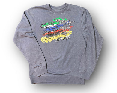Indy 500 crewneck sweatshirt by Justin Patten.  Heather navy crewneck has the flyover planes and the colors of the race on front with Indy 500 at the bottom. 
