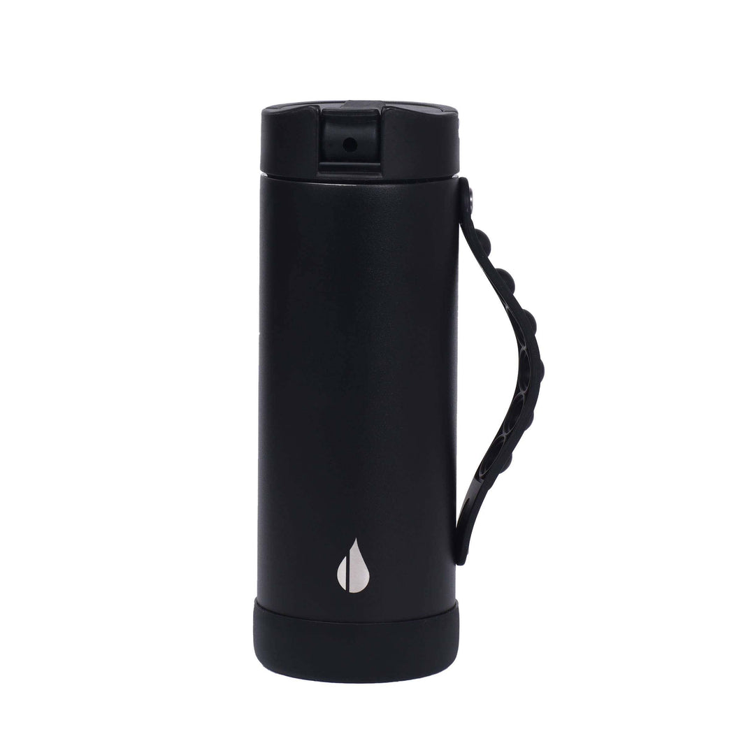 Black drink bottle with fidget/sensory handle.  Hot/cold.