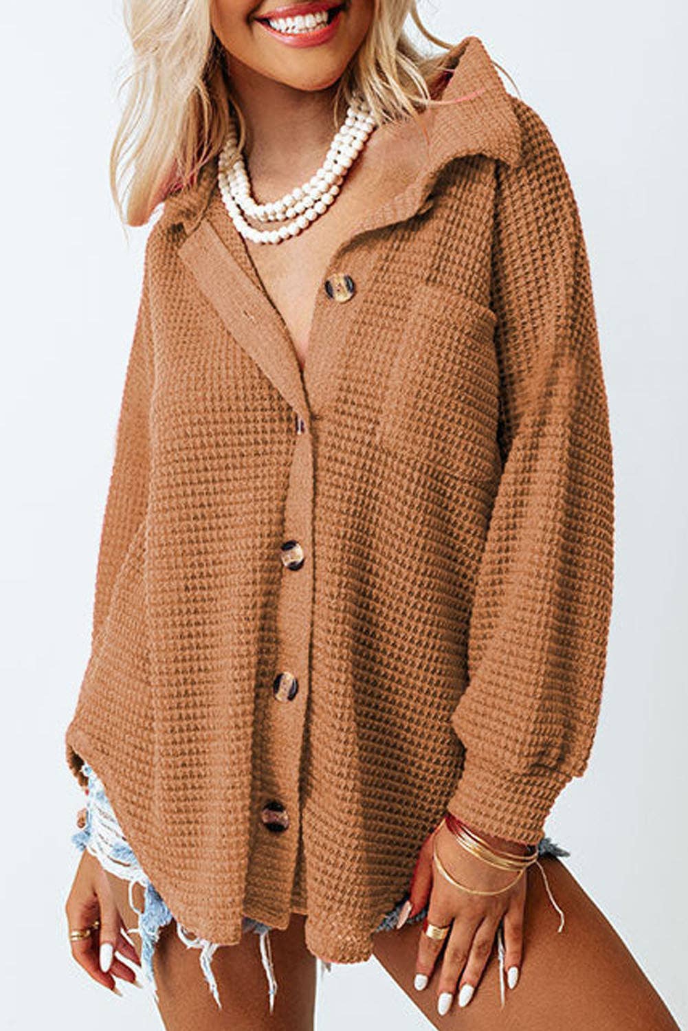 Waffle Knit Button Up | Brown