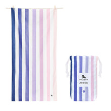 Load image into Gallery viewer, Quick Dry Towel in the color dawn to dusk.  White with various colors of stripes all over ranging from light pink to purple to dark blue.  Also shown is pouch with same design. 
