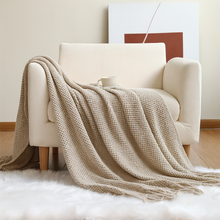 Load image into Gallery viewer, Khaki Textured Knit Throw Blanket with Fringe – 50&quot; x 60&quot;
