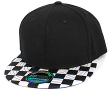 Load image into Gallery viewer, Black snapback hat with black and white checkered brim. 
