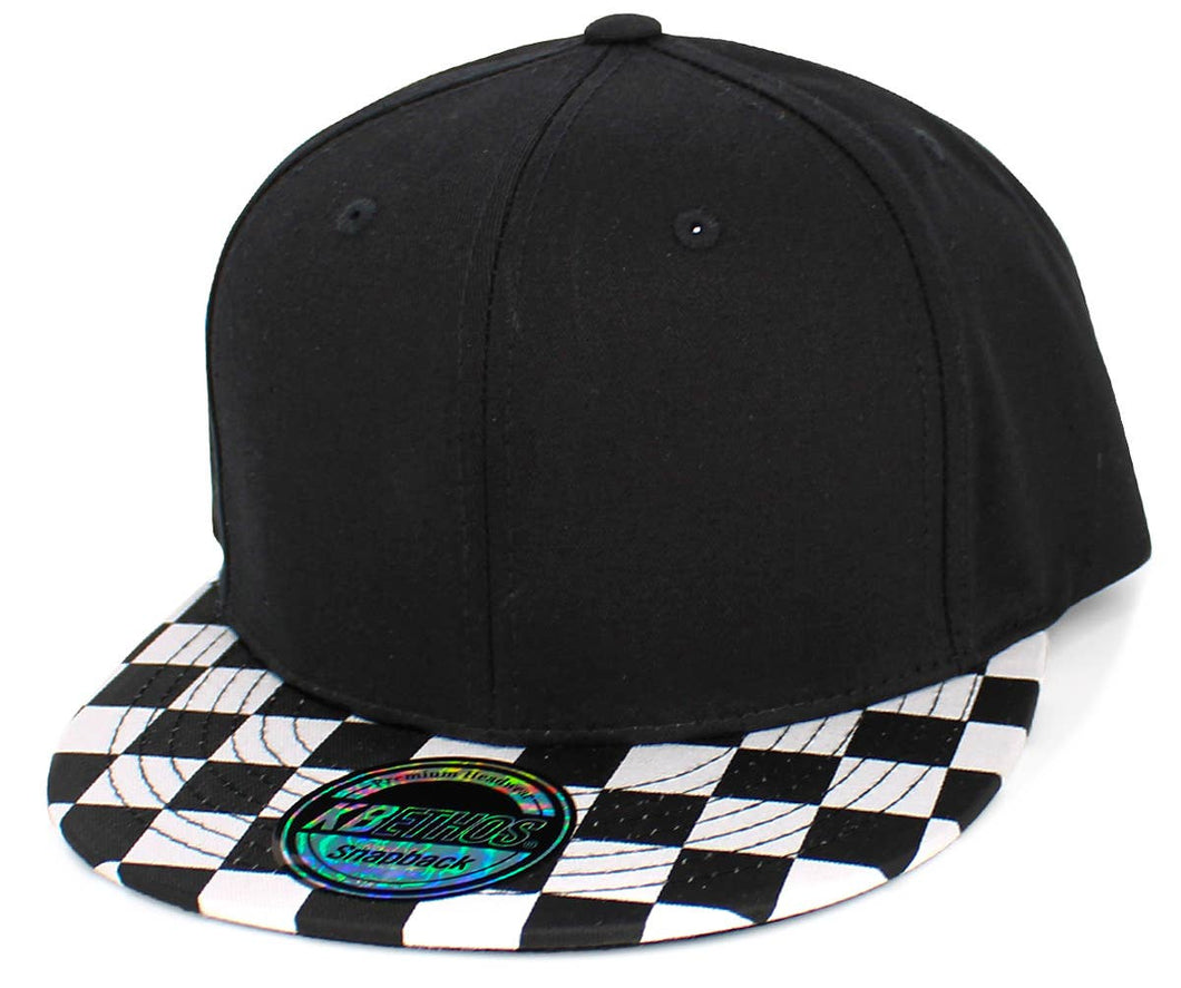 Black snapback hat with black and white checkered brim. 