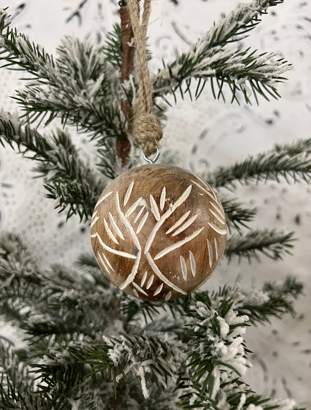 Fern Carved Mangowood Hanging Ball Ornament 2.5in