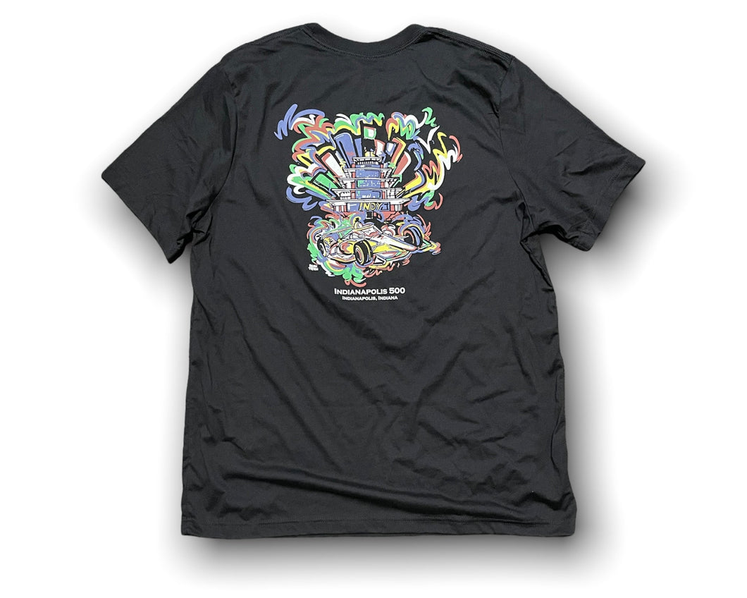 Indianapolis Motor Speedway Pagoda and Car Tee by Justin Patten