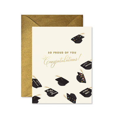 Graduation card with several graduation caps with tassels and 