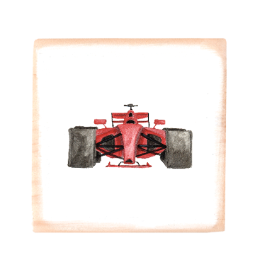 5x5 wooden block sign with red race car on front.  Can be hung as well. 