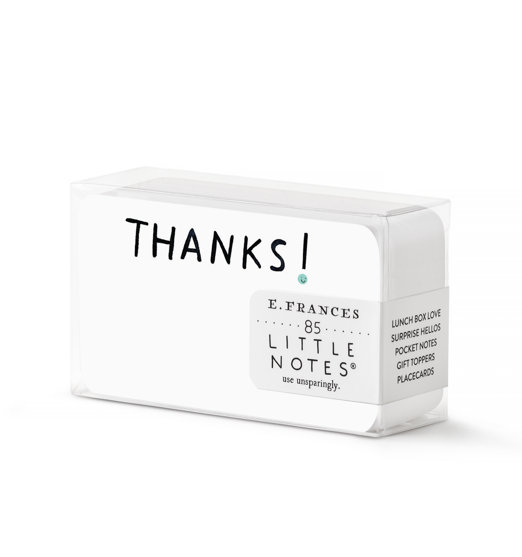 Clear box of 85 small notecards that say Thanks! on the top in a fun black font. 