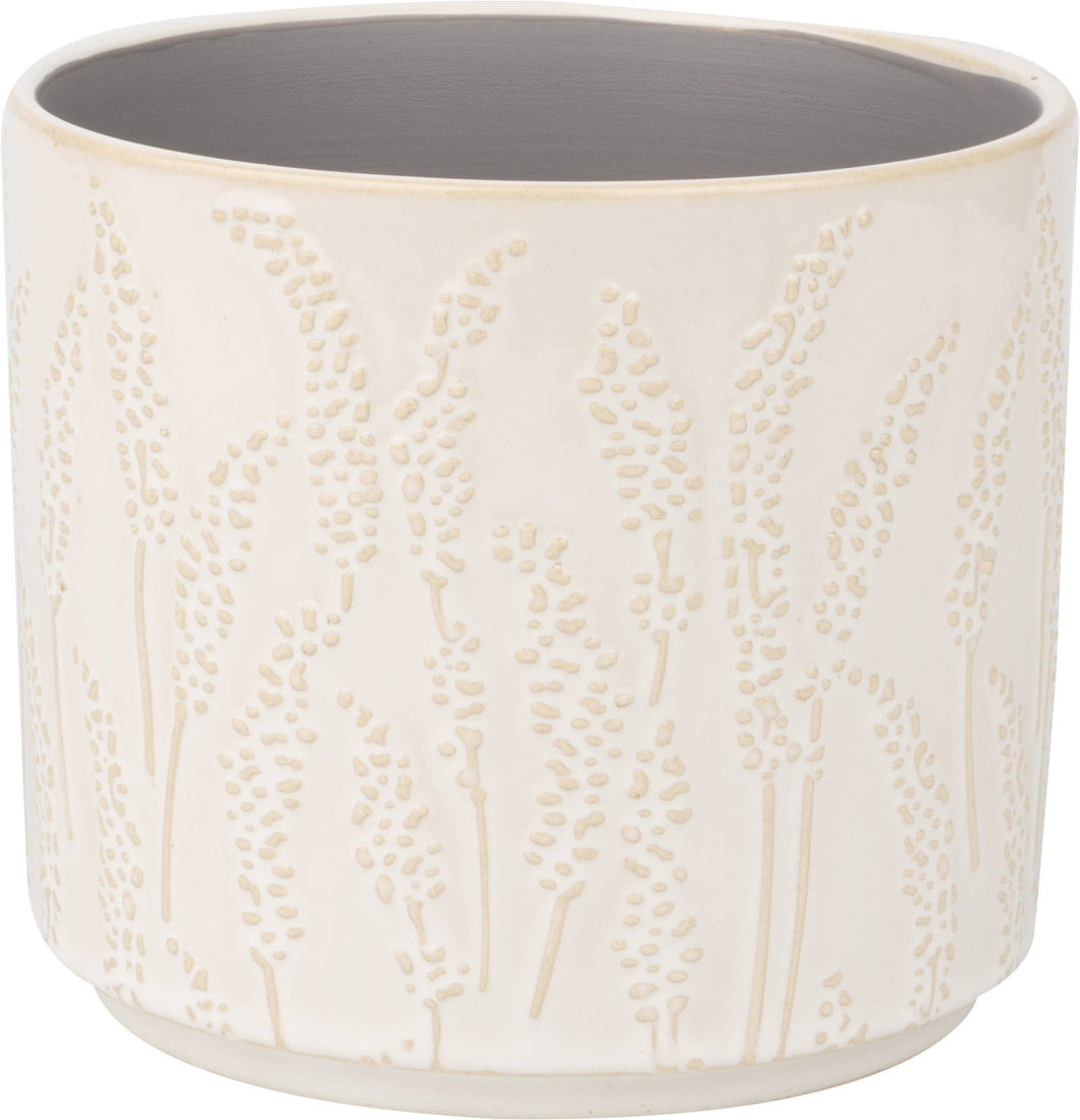 Ceramic pot cover with floral design.  Off white 5x5x5. 