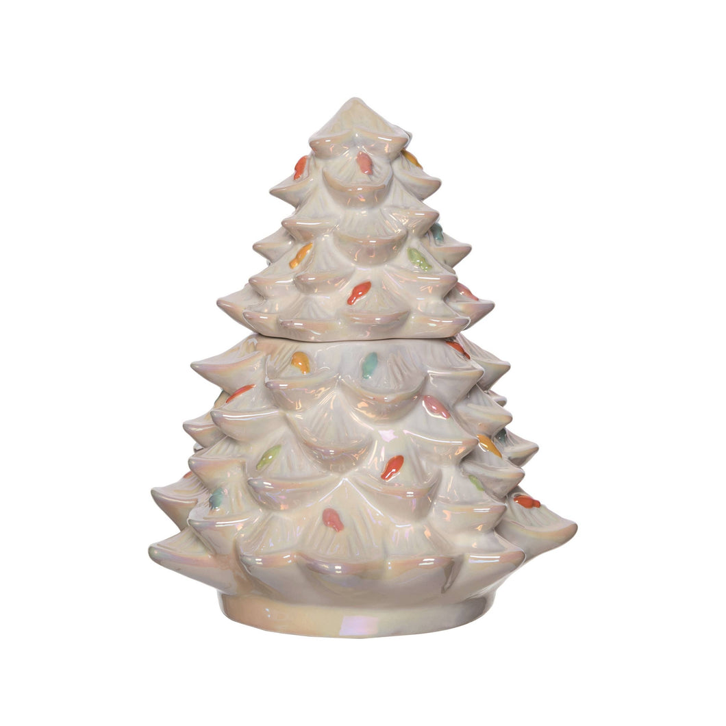 White vintage Christmas tree cookie jar.  The top half of the tree is the lid. 