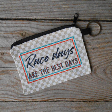 Race days are the best days tan and white checkered coin purse with black zipper and key ring attached.  