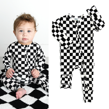 Load image into Gallery viewer, Shows baby wearing checkered long sleeve onesie with zipper on a checkered blanket.  Also shows the onesie by itself.  
