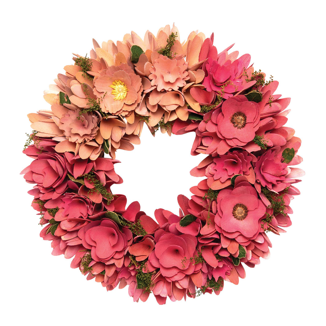 Valentine's Day flower wreath made with 2 shades of pink wood curl flowers and a touch of greenery on a styrofoam base. 