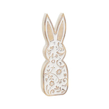 Load image into Gallery viewer, Hand-carved wooden bunny with floral pattern (3.25&quot;x10&quot;x.75&quot;).
