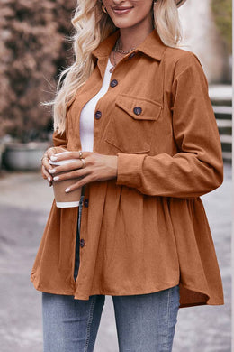 button up corduroy shirt in coffee, shown unbuttoned with white shirt underneath
