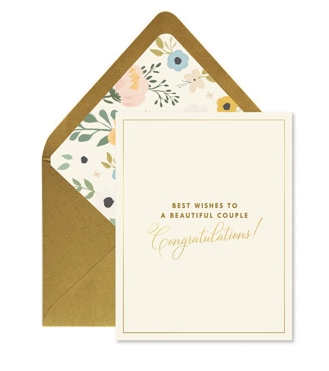 Wedding card: cream cardstock with gold foil lettering that reads: 