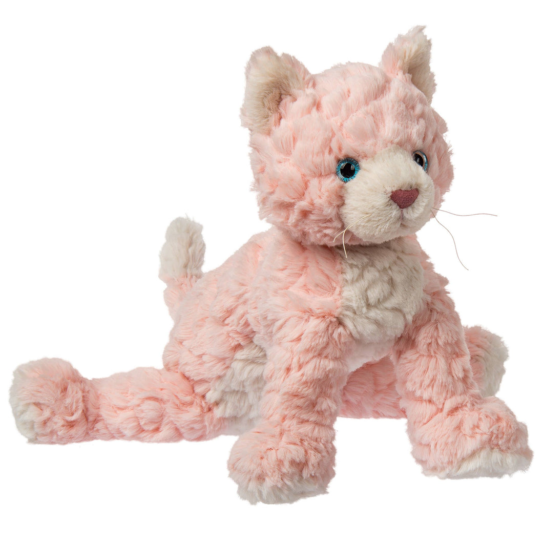 Soft pink and white stuffed kitty.  Has a brown nose, whiskers, and blue eyes.  It measure 10 inches and has weighted feet and bottom. 