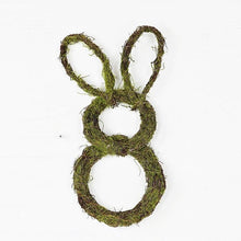 Load image into Gallery viewer, Mossy Twig Rabbit Wreath features 2 cut out circles made of twigs covered with moss with 2 bunny ear cutouts made of the same material.  
