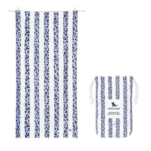 Load image into Gallery viewer, White and light blue striped kids quick dry towel.  Inside the blue stripes is a leopard print with black and light pink.  The pouch it comes in is in the same pattern and is pictured also. 
