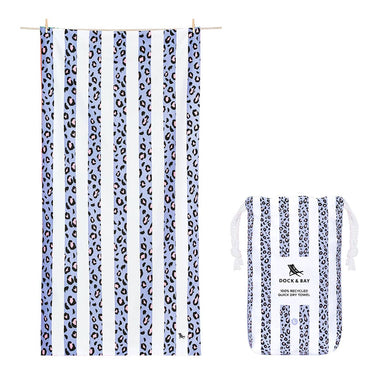 White and light blue striped kids quick dry towel.  Inside the blue stripes is a leopard print with black and light pink.  The pouch it comes in is in the same pattern and is pictured also. 