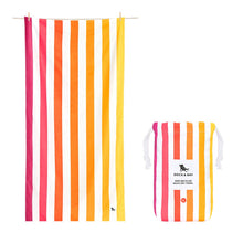 Load image into Gallery viewer, Dock &amp; Bay Quick Dry Towel in the color Peach Sunrise.  This towel is striped white and various shades of yellow, orange, and pink.  Also shown is the pouch it comes in, which is also the same design as the towel. 
