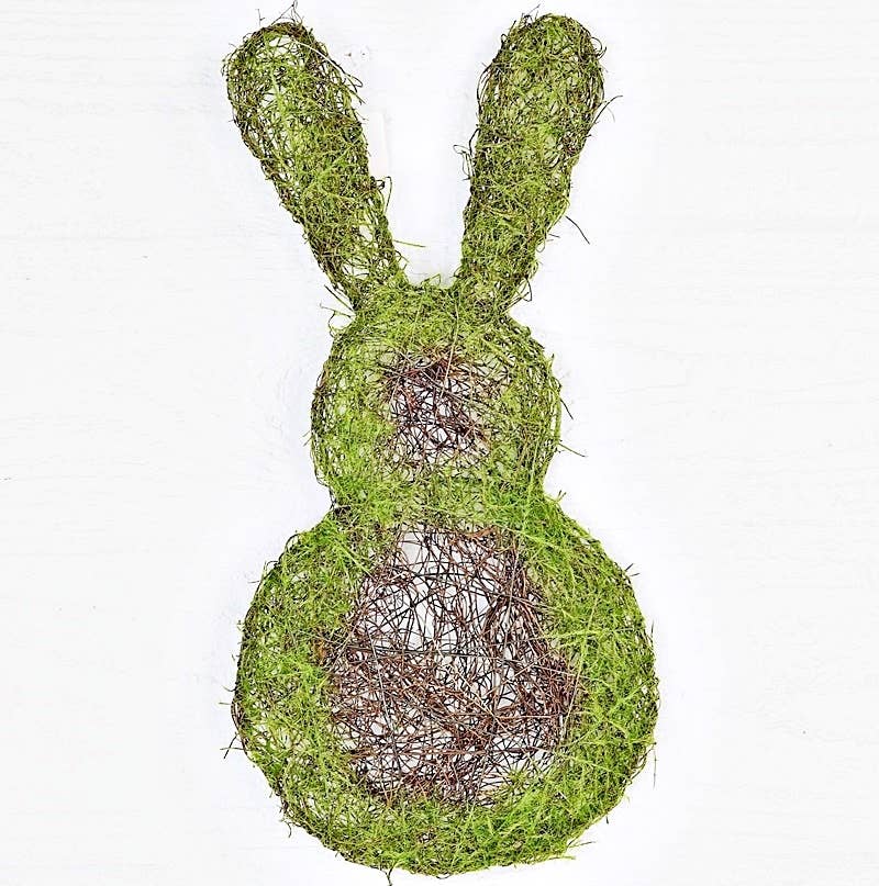 Rattan vines in the shape of a bunny with moss accents covering.  Measures 7.5 x 14.5