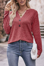 Load image into Gallery viewer, Plain V Neck Buttoned Long Sleeve Top | Red
