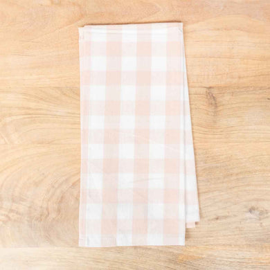 Muted pink and white gingham kitchen hand towel. 