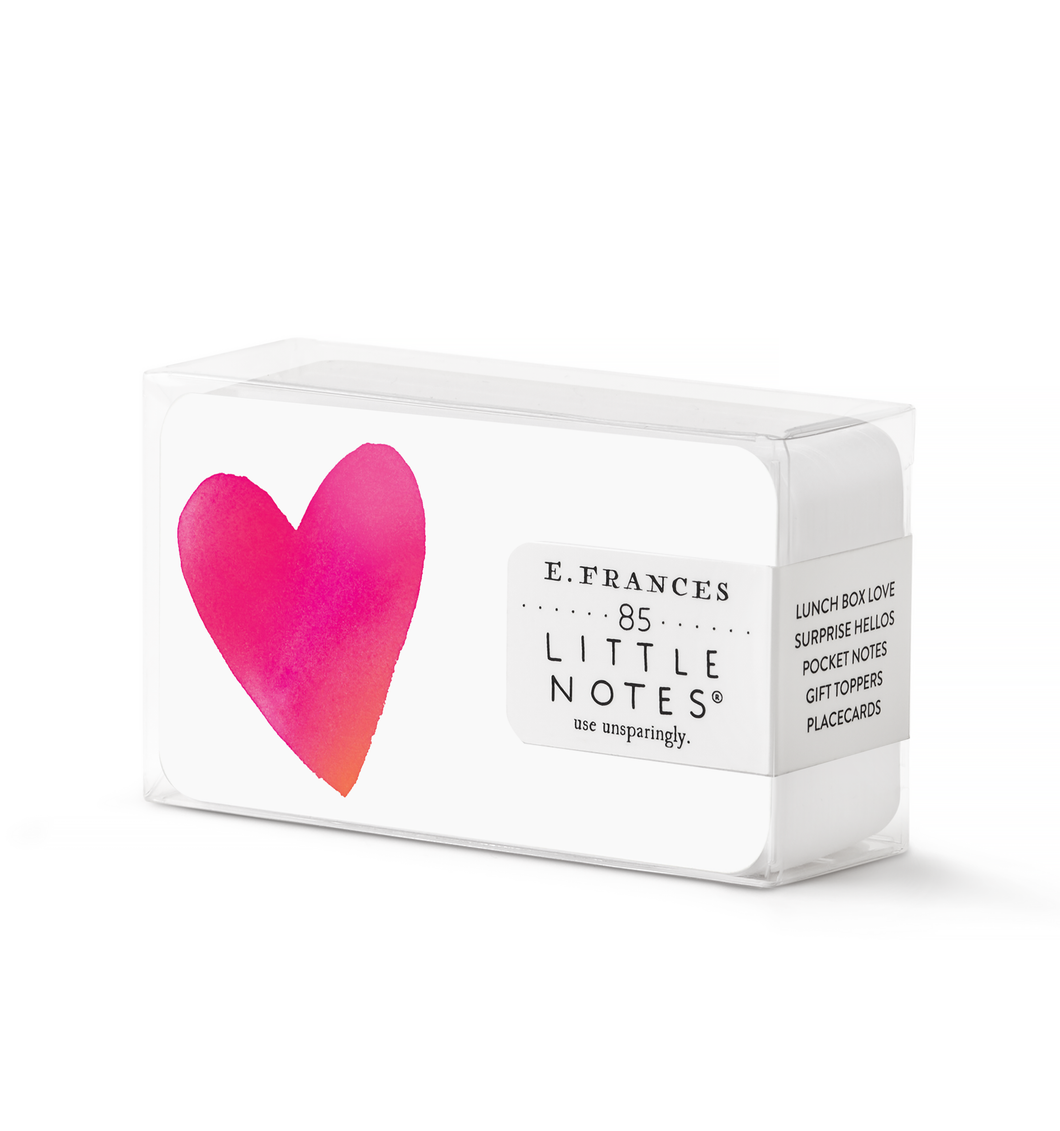 85 Small white notecards that come in a clear box with a big pink heart on the left side of each notecard. 